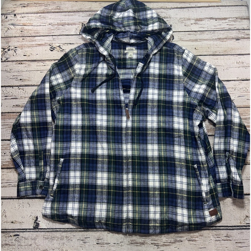 L.L. Bean Womens Size 3X Relaxed Fit Scotch Plaid Flannel Shirt Full Zip Hoodie